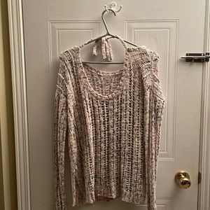 American Eagle Outfitters white and pastel knit sweater. Bow tie back of neck.